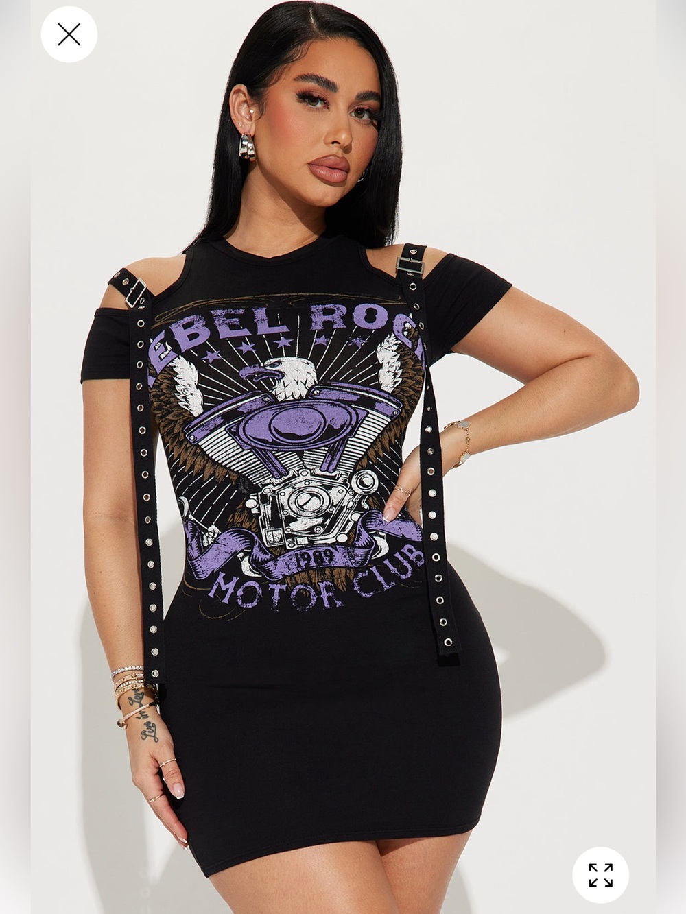 Fashion Nova Black Rebel Rock Mini Dress with Purple Graphic